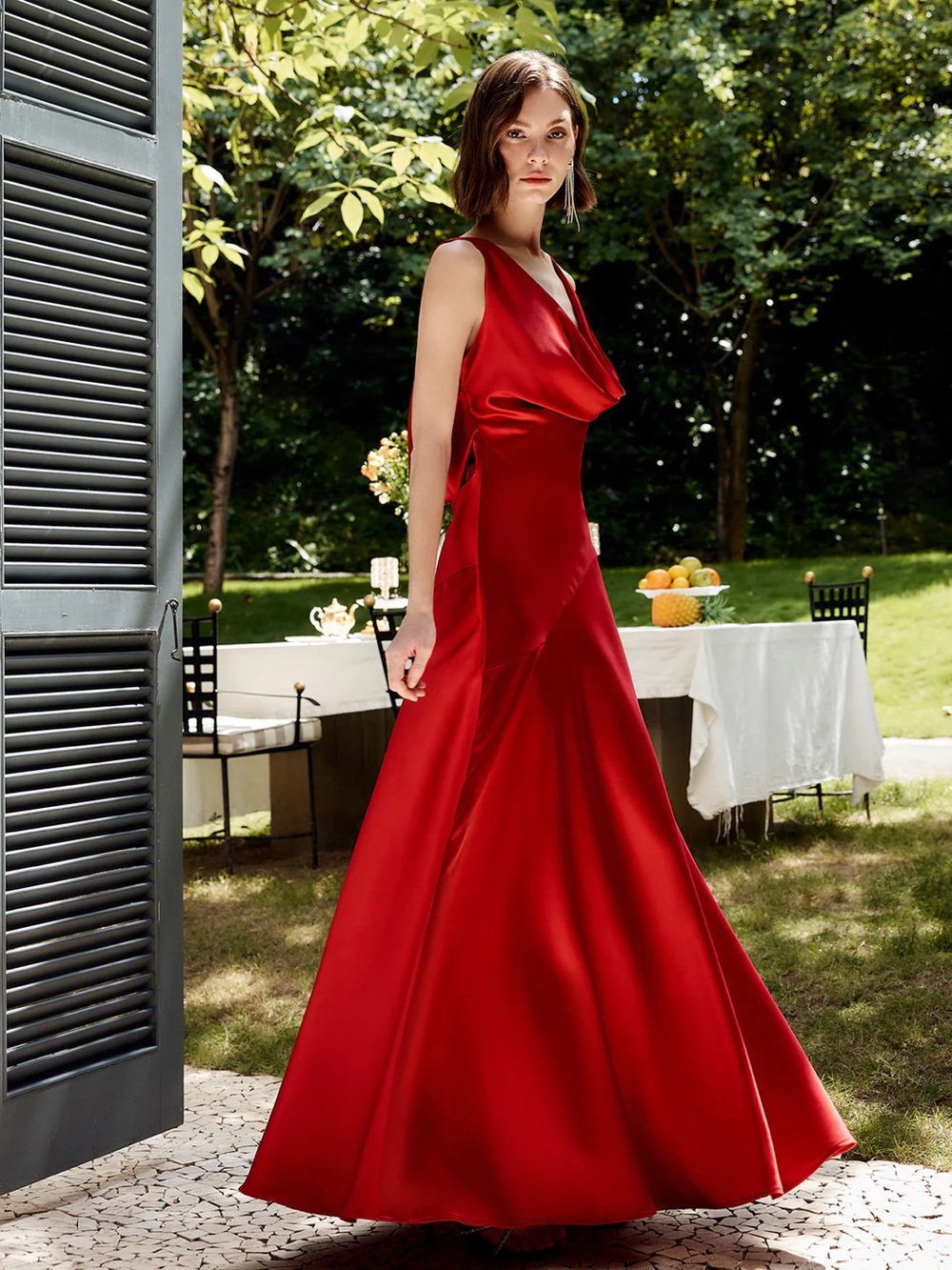 NWT Commense Red Satin Cowl Neck Backless Maxi Dress Size Small